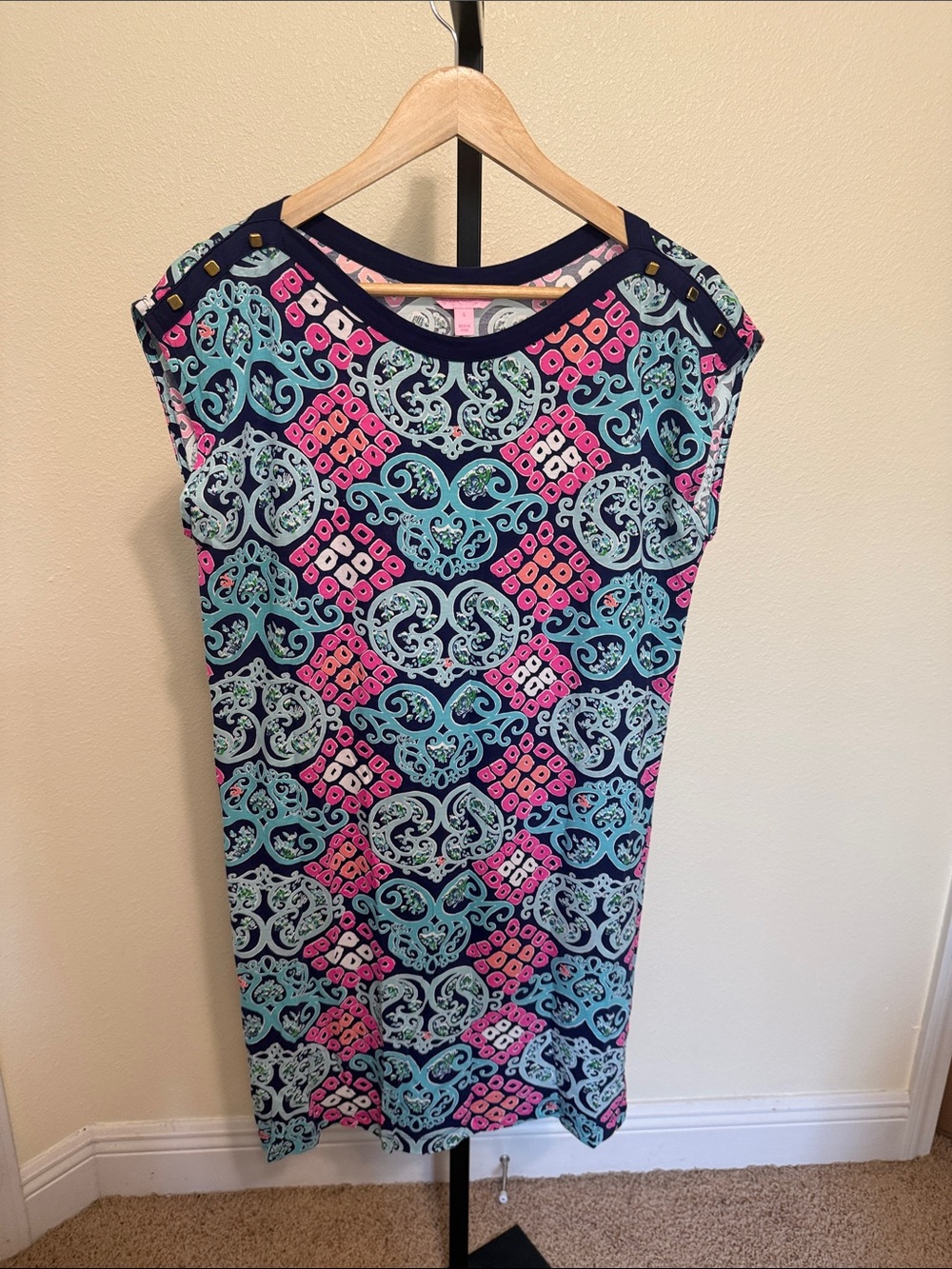Lilly Pulitzer 💗Navy Blue Printed Cap-Sleeve Shift Dress - Pink & Teal Pattern